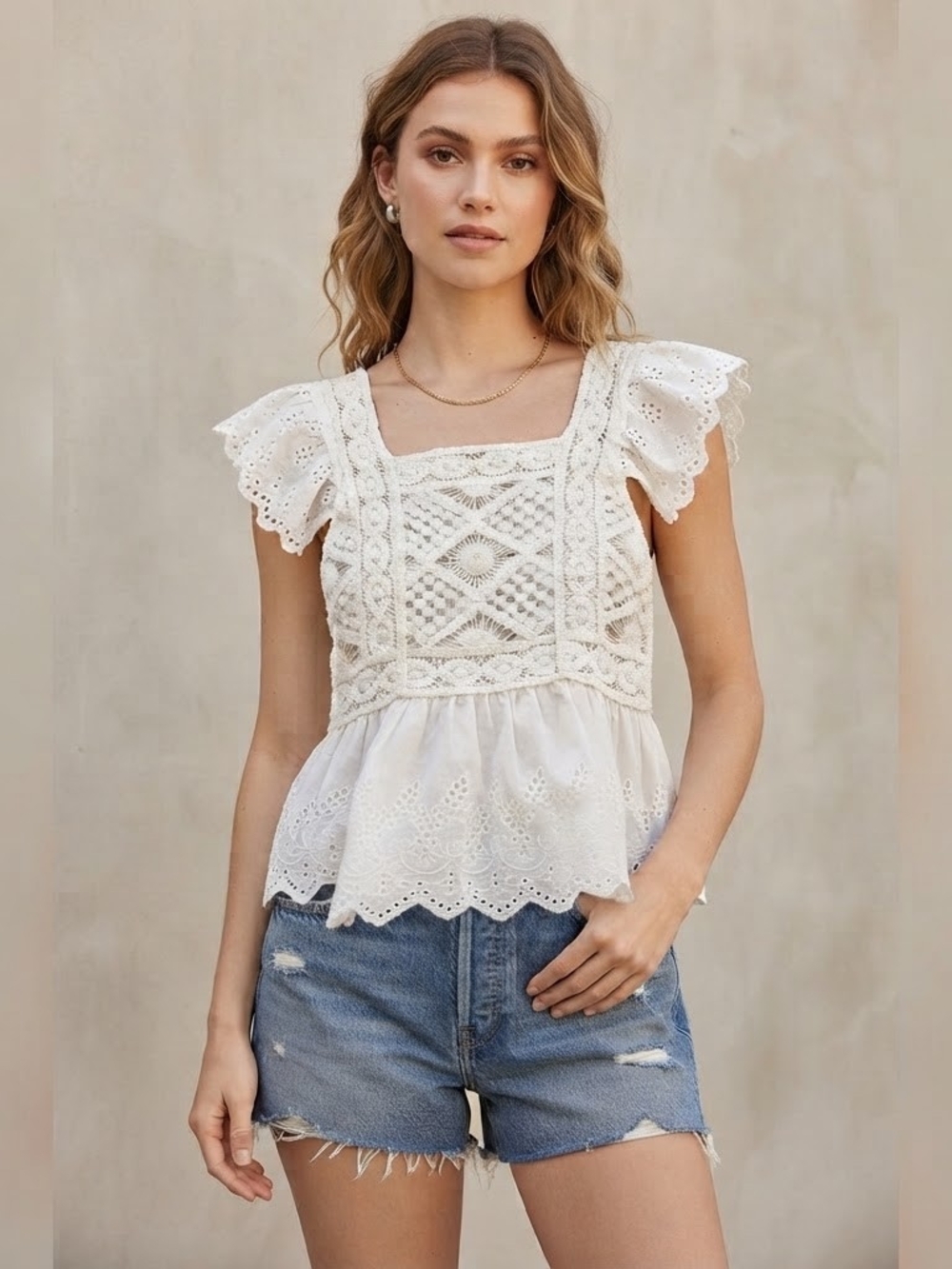 VTG KLASIKS Boho White Crochet Eyelet Peplum Top S Cottagecore Festival Romance